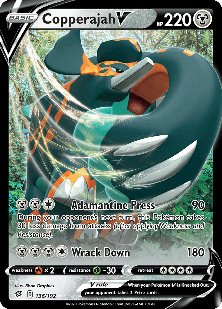 Copperajah V (136/192) [Sword & Shield: Rebel Clash] card showcasing HP, attack details, and vibrant artwork.