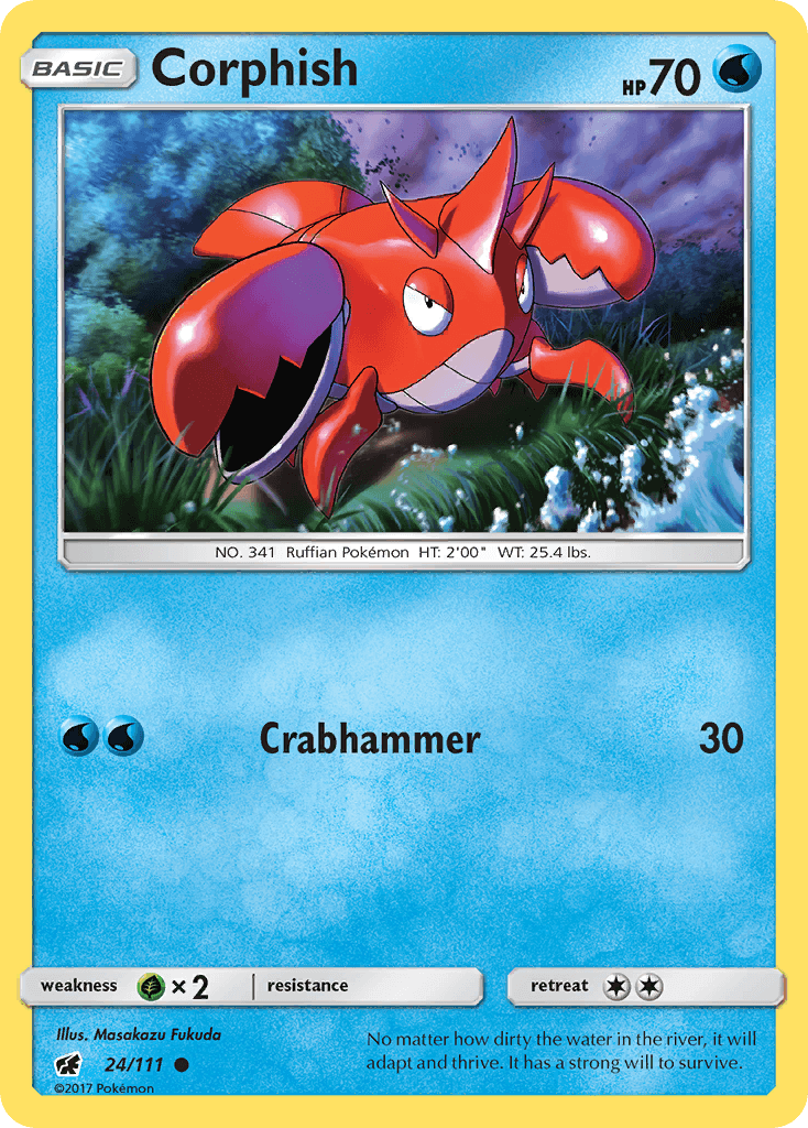 Corphish (24/111) [Sun & Moon: Crimson Invasion] card featuring water-type Pokémon with Crabhammer move.