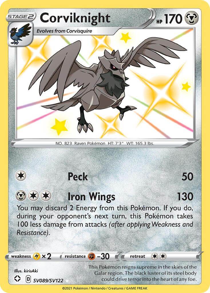 Corviknight (SV089/SV122) [Sword & Shield: Shining Fates] Ultra Rare Metal card with detailed stats and abilities.
