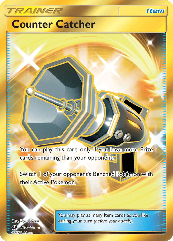 Counter Catcher (120/111) [Sun & Moon: Crimson Invasion] card showcasing Item rarity and gameplay instructions.