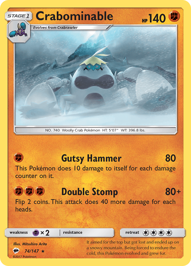 Crabominable (74/147) [Sun & Moon: Burning Shadows] card featuring Gutsy Hammer and Double Stomp attacks.