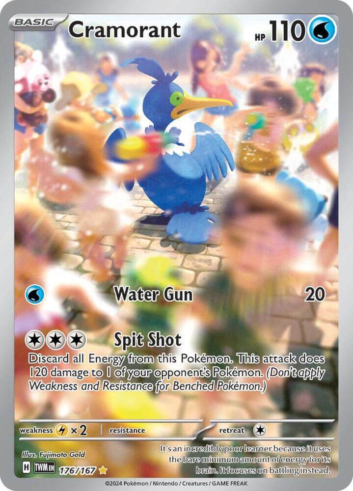 Cramorant (176/167) [Scarlet & Violet: Twilight Masquerade] illustration card featuring Water Gun and Spit Shot attacks.