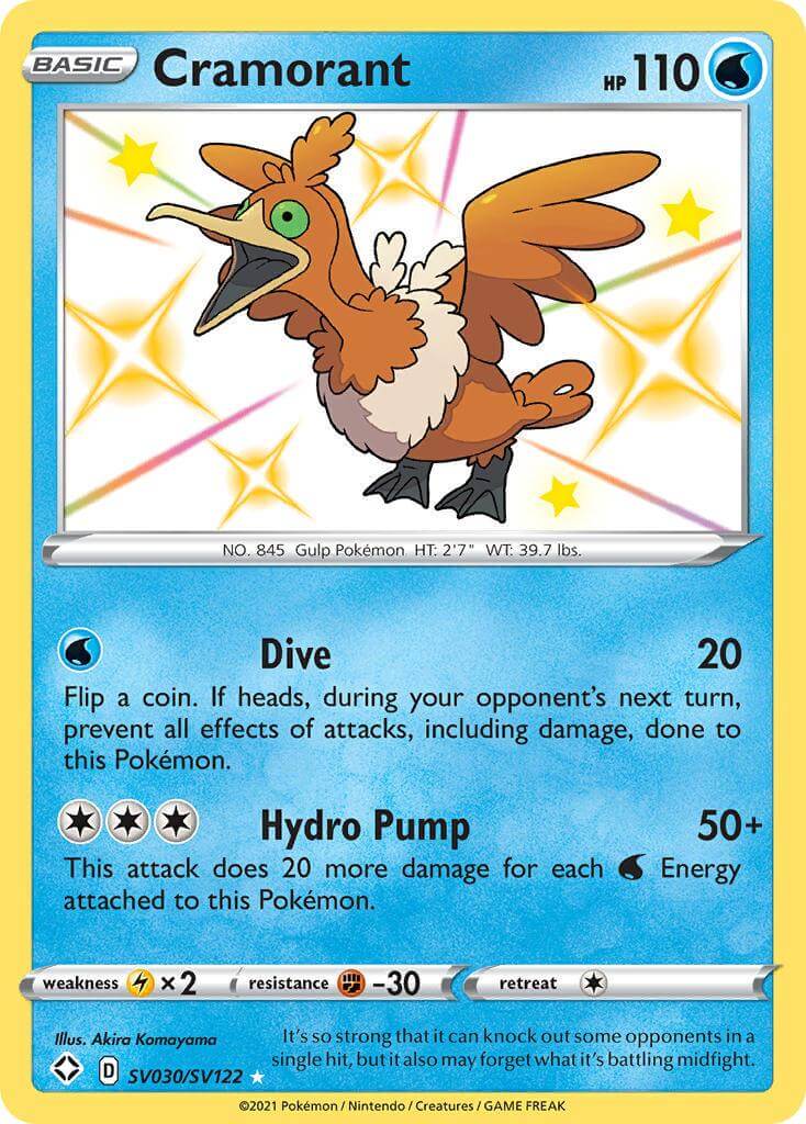 Cramorant (SV030/SV122) [Sword & Shield: Shining Fates] card featuring its moves Dive and Hydro Pump.
