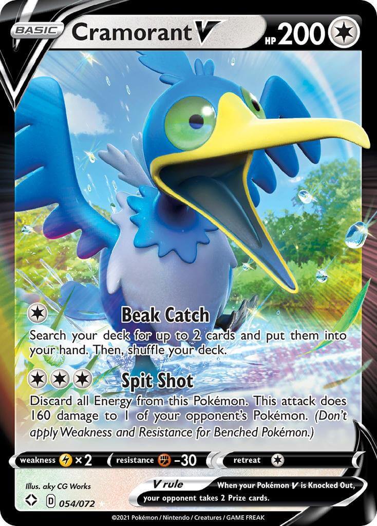 Cramorant V (054/072) [Sword & Shield: Shining Fates] Pokémon card showing Beak Catch and Spit Shot attacks.