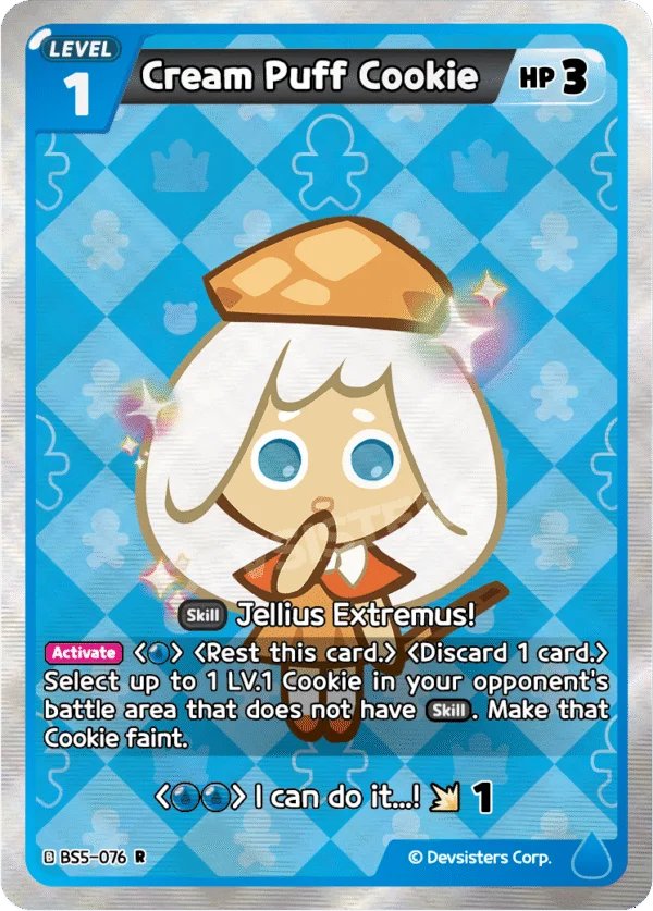 Cream Puff Cookie BS5-076 R | Rare Card showing abilities and design details with colorful background and character features.