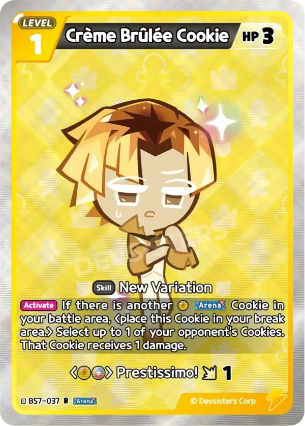 Creme Brulee Cookie BS7-037 R | Rare Card featuring a cute character and gaming stats on a colorful background.