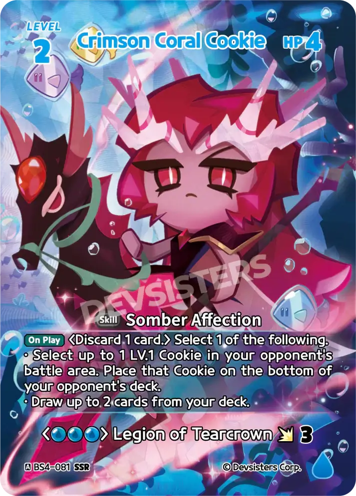 Crimson Coral Cookie (BS4-081) SSR – Brave Sweet | Cookie Run TCG Secret Super Rare Card featuring skill Somber Affection.