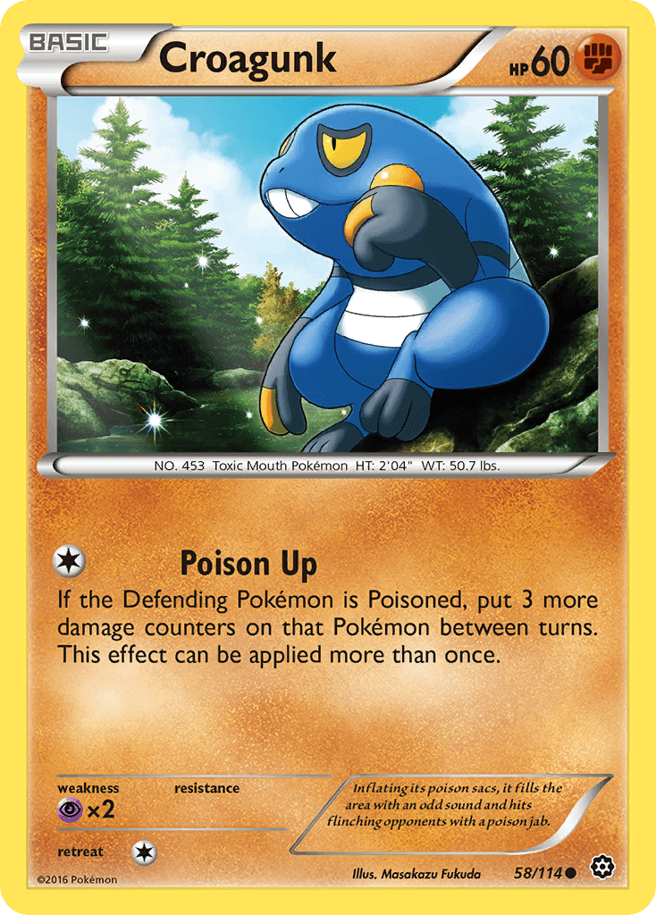 Croagunk (58/114) [XY: Steam Siege] card showcasing its Poison Up ability and Fighting type stats.