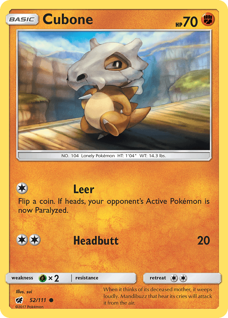 Cubone (52/111) [Sun & Moon: Crimson Invasion] card showcasing its abilities and artwork.