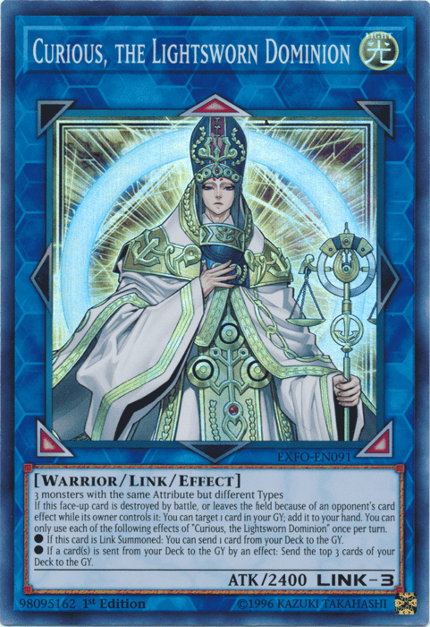 Curious, the Lightsworn Dominion [EXFO-EN091] Super Rare card featuring a Link/Effect Monster with 2400 ATK.
