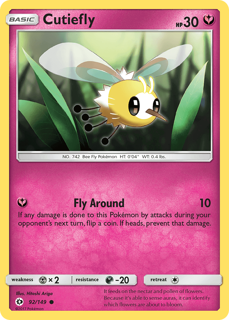 Cutiefly (92/149) [Sun & Moon: Base Set] card featuring a fairy-type Pokémon in a vibrant design.