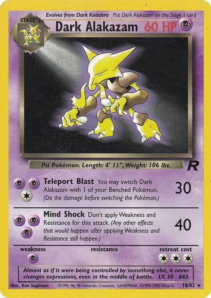 Dark Alakazam (18/82) [Team Rocket Unlimited] card featuring Psychic abilities and attack details.