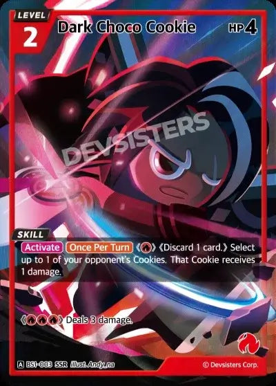 Dark Choco Cookie (BS1-003) SSR – Brave Sweet | Cookie Run TCG Super Special Rare Card featuring skill details.