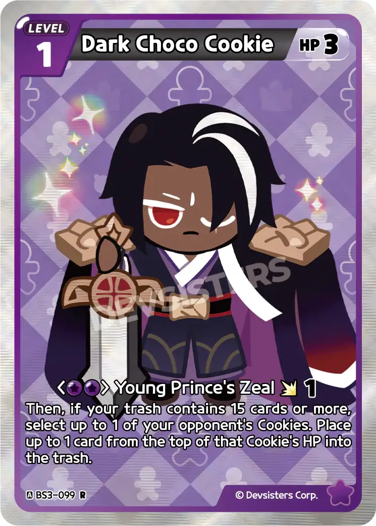 Dark Choco Cookie BS3-099 character card showcasing abilities and stats in a colorful design.