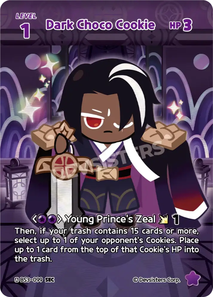 Dark Choco Cookie (BS3-099) SEC – Heroes of Balance | Cookie Run TCG Secret Rare Card featuring unique artwork.
