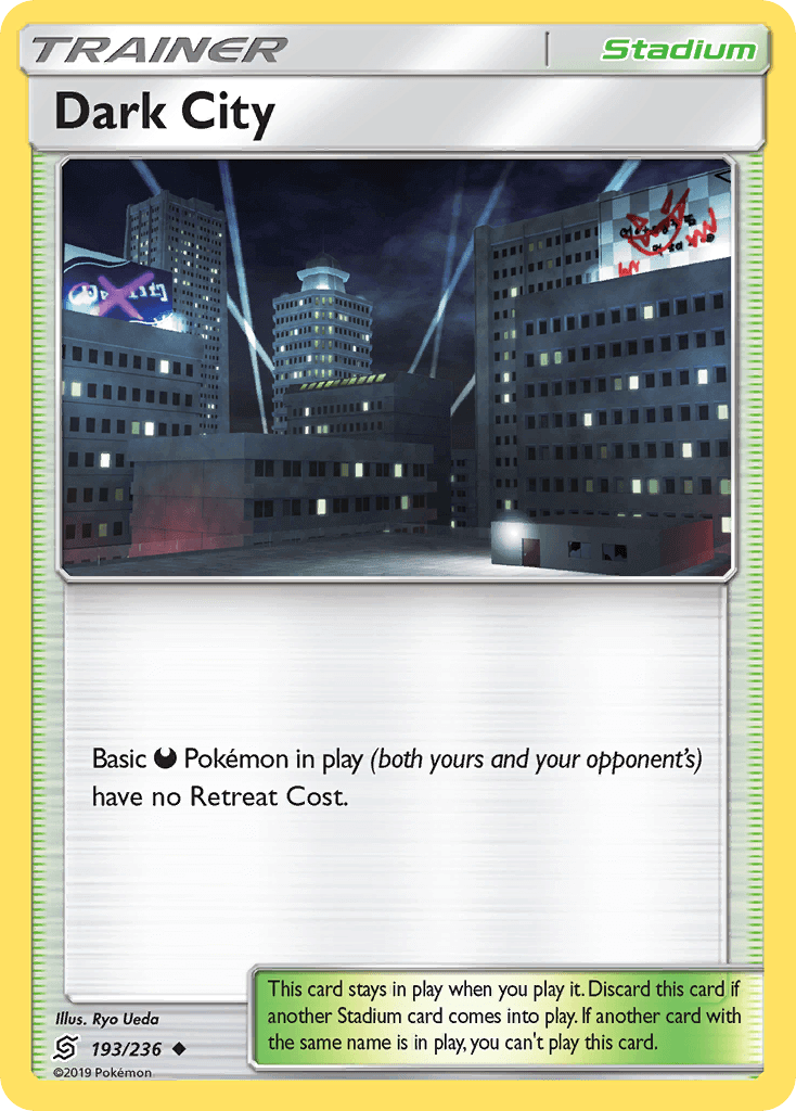 Dark City (193/236) [Sun & Moon: Unified Minds] Stadium card with urban scenery and game rules.