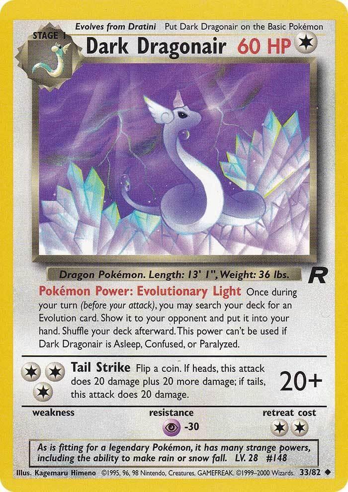 Dark Dragonair (33/82) [Team Rocket Unlimited] trading card featuring Evolutionary Light and Tail Strike abilities.