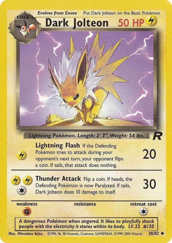 Dark Jolteon (38/82) [Team Rocket Unlimited] card showcasing Lightning Pokémon with attack details, rarity, and evolution info.