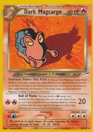 Dark Magcargo (18/105) [Neo Destiny Unlimited] card featuring Fire type attributes and unique powers.