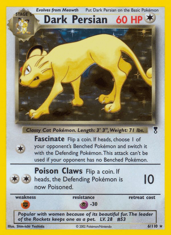 Dark Persian (6/110) [Legendary Collection] Holo Rare Pokémon card showcasing its abilities and artwork.