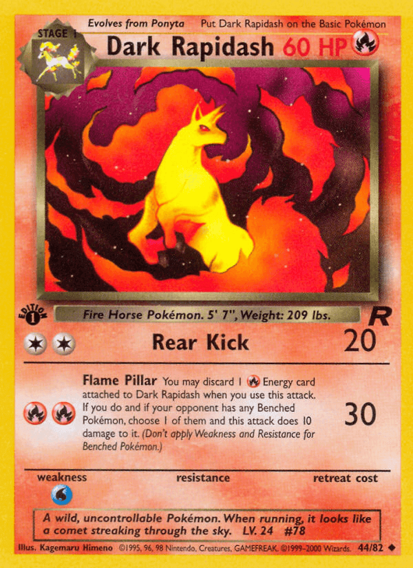 Dark Rapidash (44/82) [Team Rocket 1st Edition] card showcasing Fire Horse Pokémon with attacks and HP information.