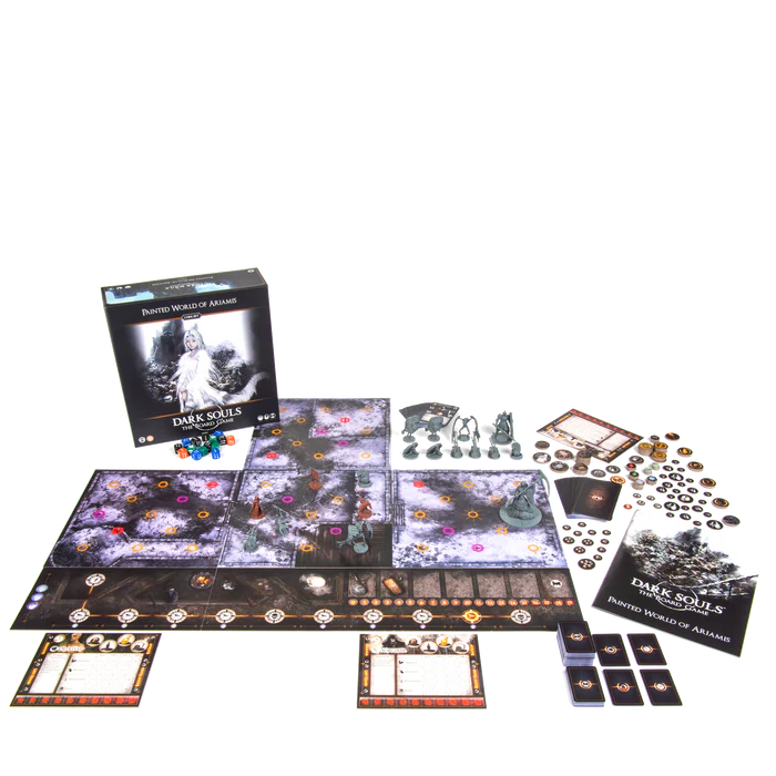 Unboxed contents of Painted World of Ariamis board game showing miniatures, cards, tiles, and game components