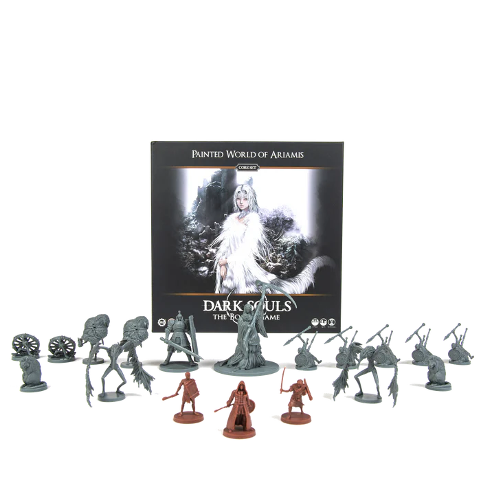 Dark Souls: The Board Game Painted World of Ariamis core box with gothic artwork featuring Crossbreed Priscilla