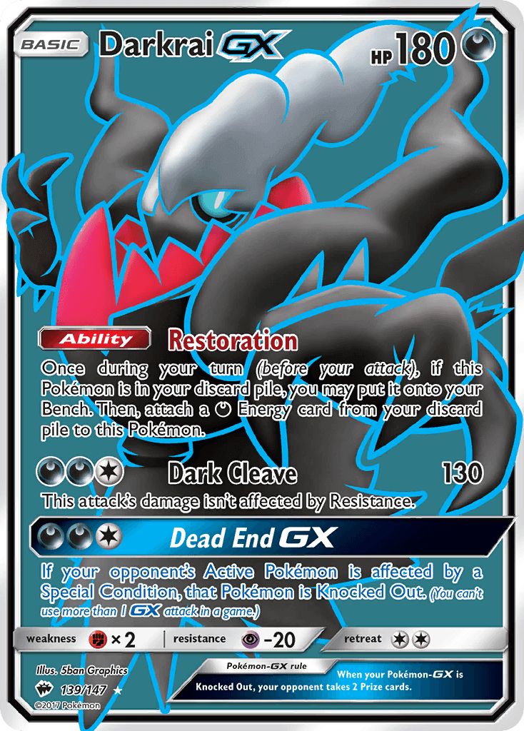 Darkrai GX (139/147) [Sun & Moon: Burning Shadows] card showcasing its abilities and HP stats.