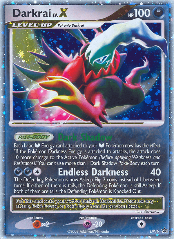 Darkrai LV.X (DP19) [Diamond & Pearl: Black Star Promos] card showcasing its abilities and artwork.