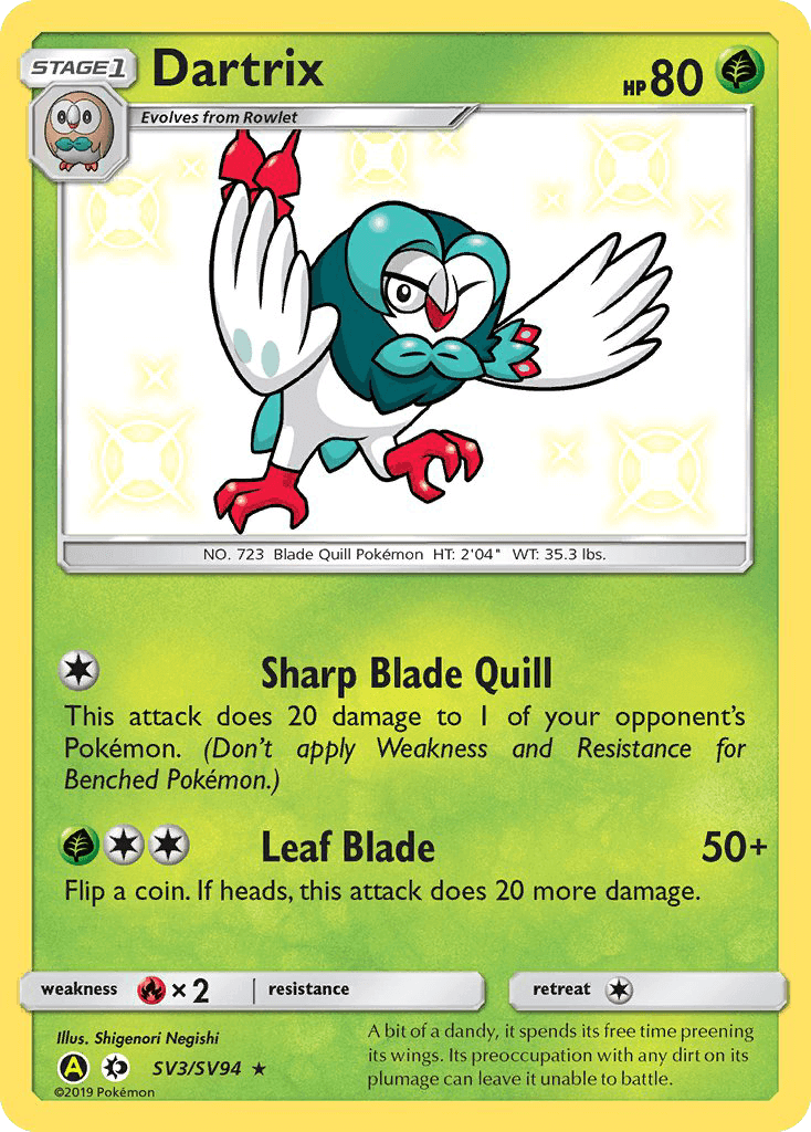 Dartrix (SV3/SV94) [Sun & Moon: Hidden Fates - Shiny Vault] card showcasing HP and abilities in vibrant artwork.