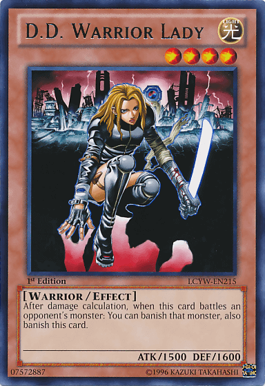 D.D. Warrior Lady [LCYW-EN215] Rare card featuring a powerful warrior with sword and futuristic background.