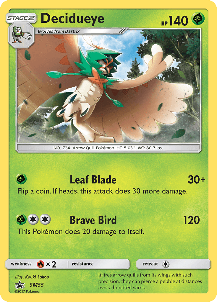 Decidueye (SM55) [Sun & Moon: Black Star Promos] card showcasing Leaf Blade and Brave Bird attacks.