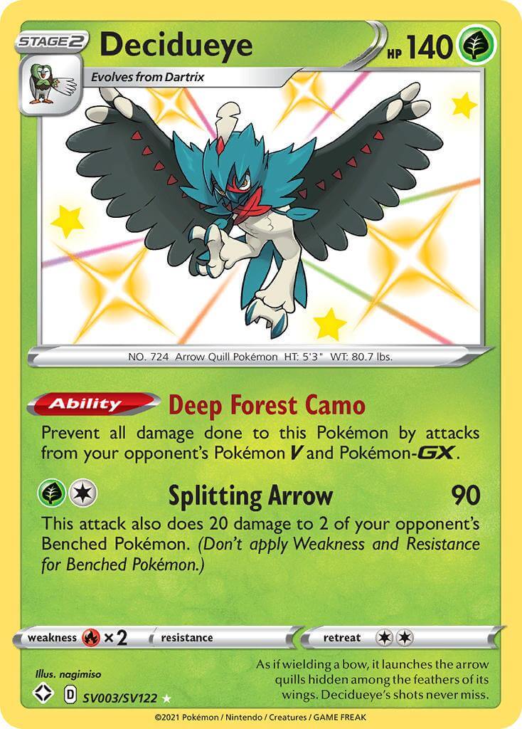 Decidueye (SV003/SV122) [Sword & Shield: Shining Fates] card showcasing its abilities and stats.