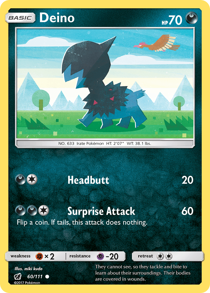 Deino (60/111) [Sun & Moon: Crimson Invasion] Pokémon card featuring Headbutt and Surprise Attack moves.