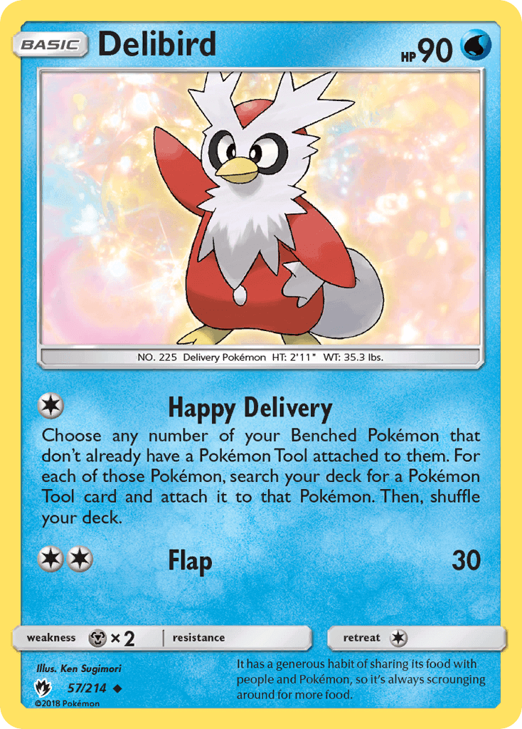 Delibird (57/214) [Sun & Moon: Lost Thunder] card showcasing happy delivery ability and water type.