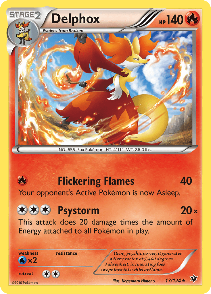 Delphox (13/124) [XY: Fates Collide] Holo Rare Fire Pokémon featuring Flickering Flames and Psystorm attacks.