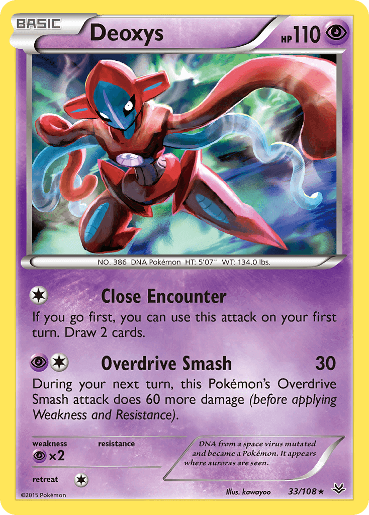 Deoxys (33/108) [XY: Roaring Skies] Psychic Holo Rare card featuring attacks Close Encounter and Overdrive Smash.