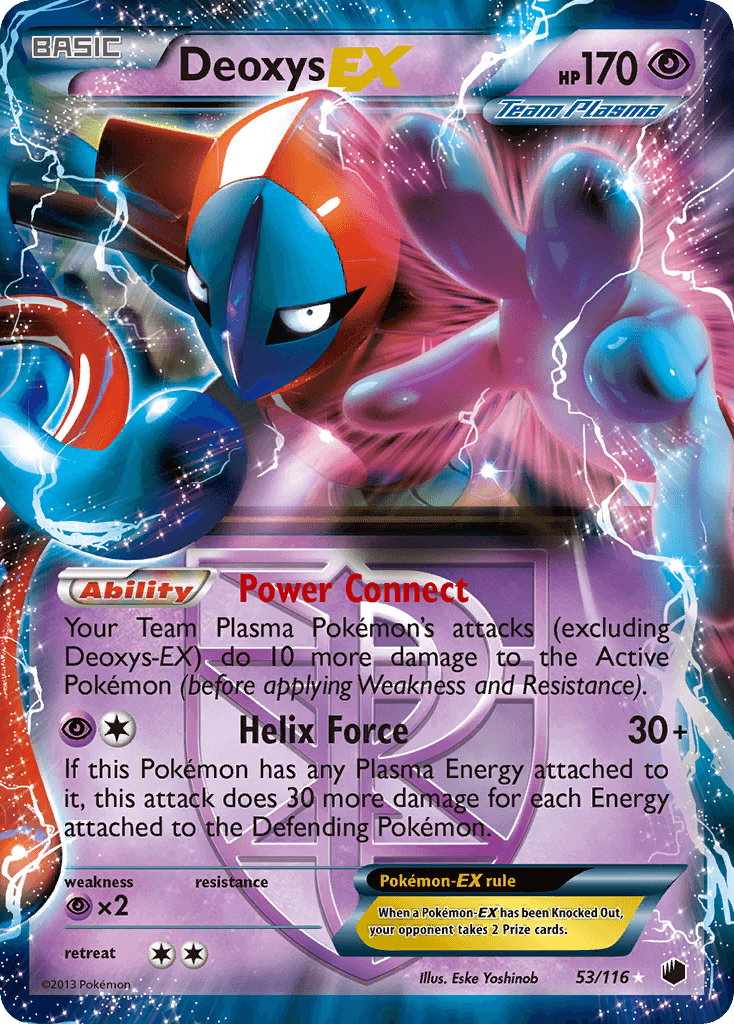 Deoxys EX (53/116) [Black & White: Plasma Freeze] card featuring Power Connect ability and Helix Force attack.