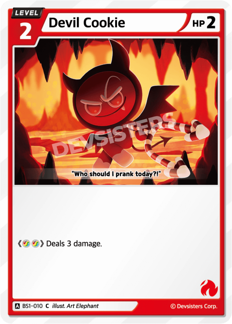Devil Cookie BS1-010 C | Common Cookie featuring a mischievous character in a fiery background.