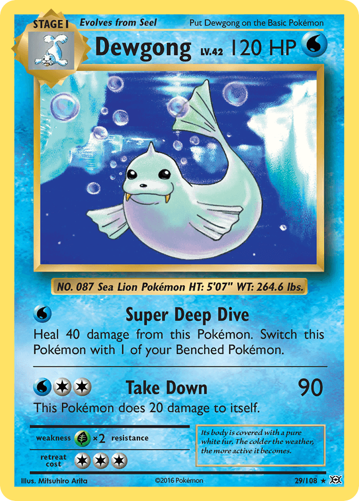 Dewgong (29/108) [XY: Evolutions] card featuring stats and abilities including Super Deep Dive and Take Down.
