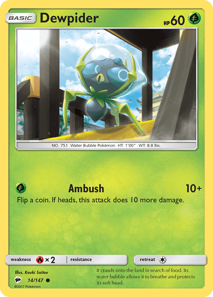 Dewpider (14/147) [Sun & Moon: Burning Shadows] card showcasing its Grass type and rarity as common.