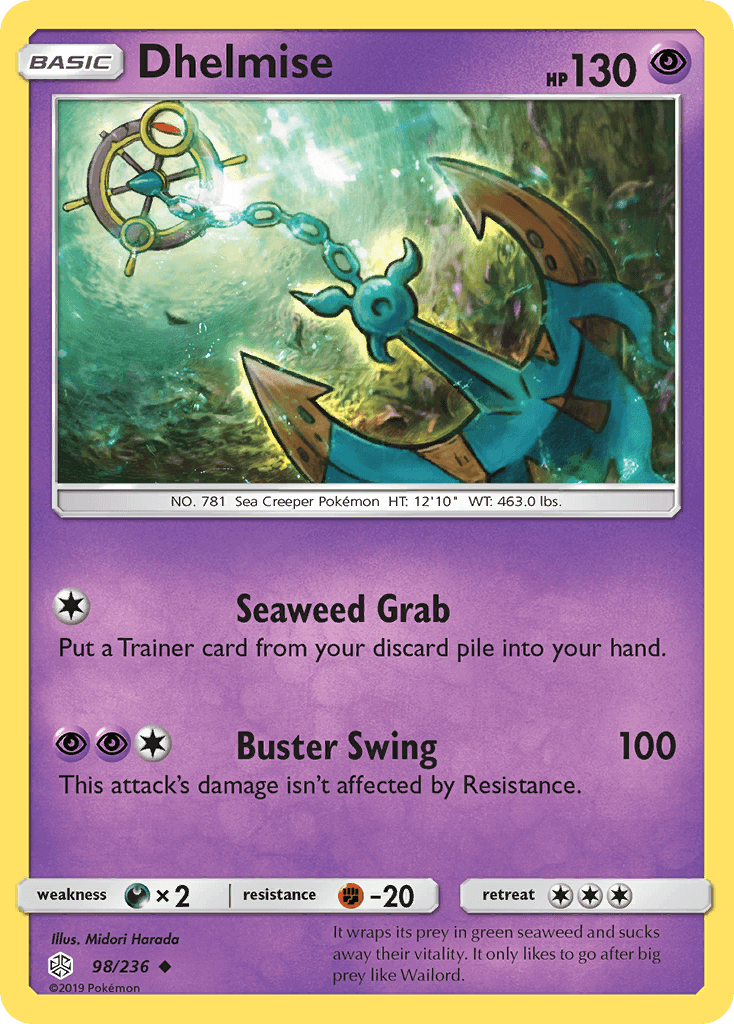 Dhelmise (98/236) [Sun & Moon: Cosmic Eclipse] card featuring Seaweed Grab and Buster Swing abilities.