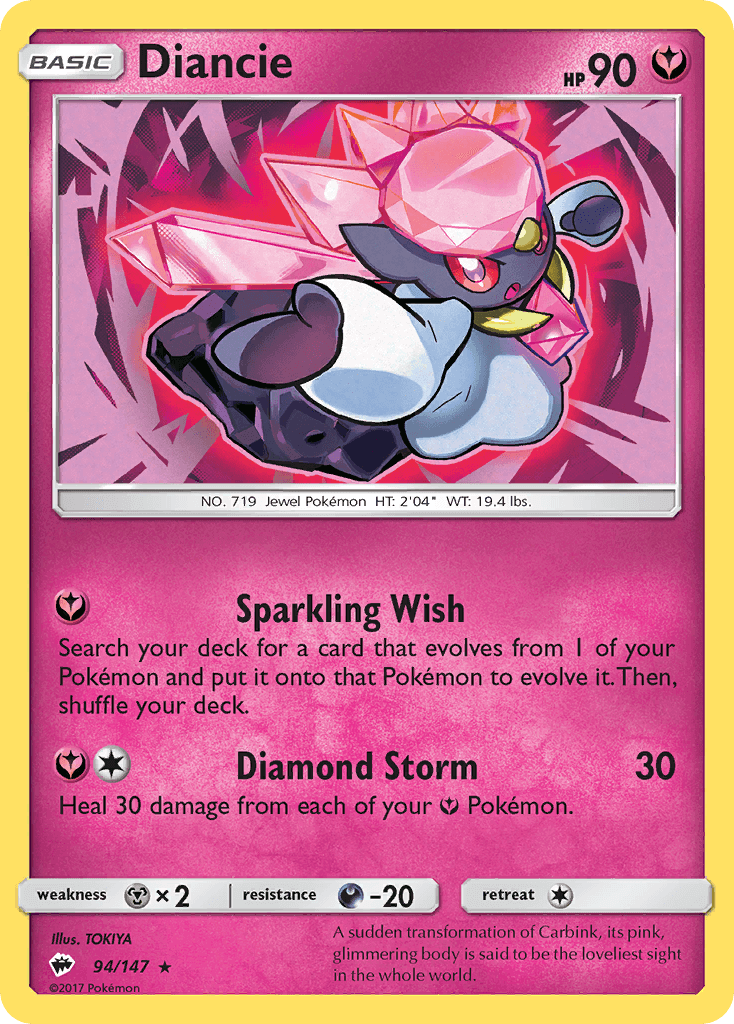 Diancie (94/147) [Sun & Moon: Burning Shadows] Holo Rare card featuring Sparkling Wish and Diamond Storm attacks.