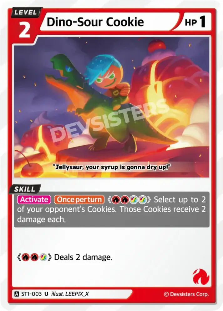 Dino-Sour Cookie ST-003 U | Uncommon Cookie card showcasing a colorful character and gameplay details.