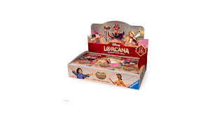 Disney Lorcana Reign of Jafar Booster Box displayed with colorful artwork and characters.