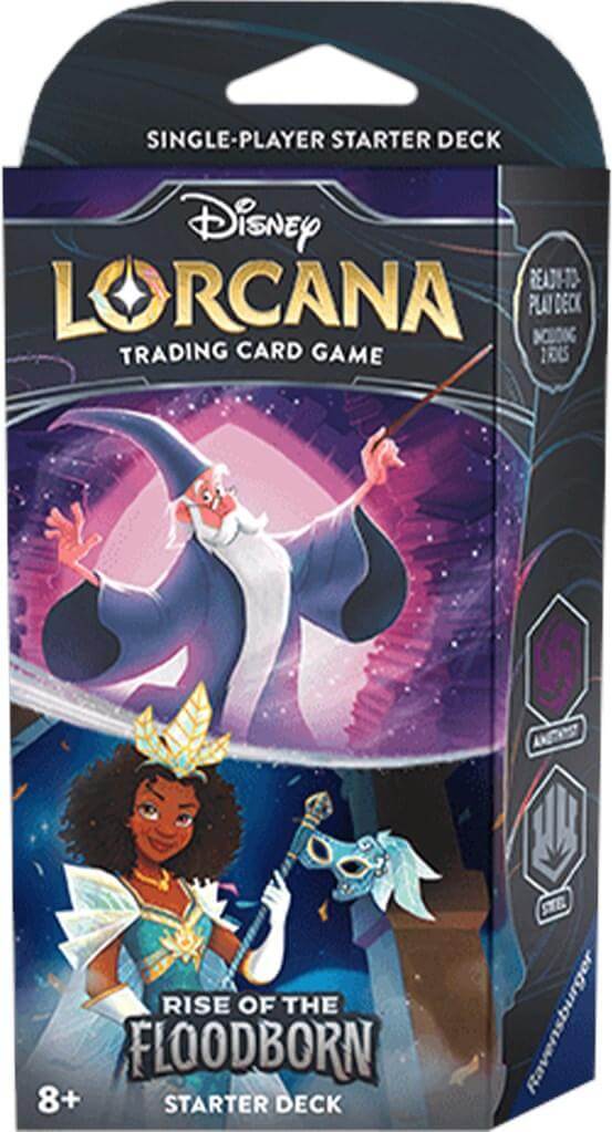Disney Lorcana TCG Rise of the Floodborn - Starter Deck (Amethyst & Steel) packaging image.