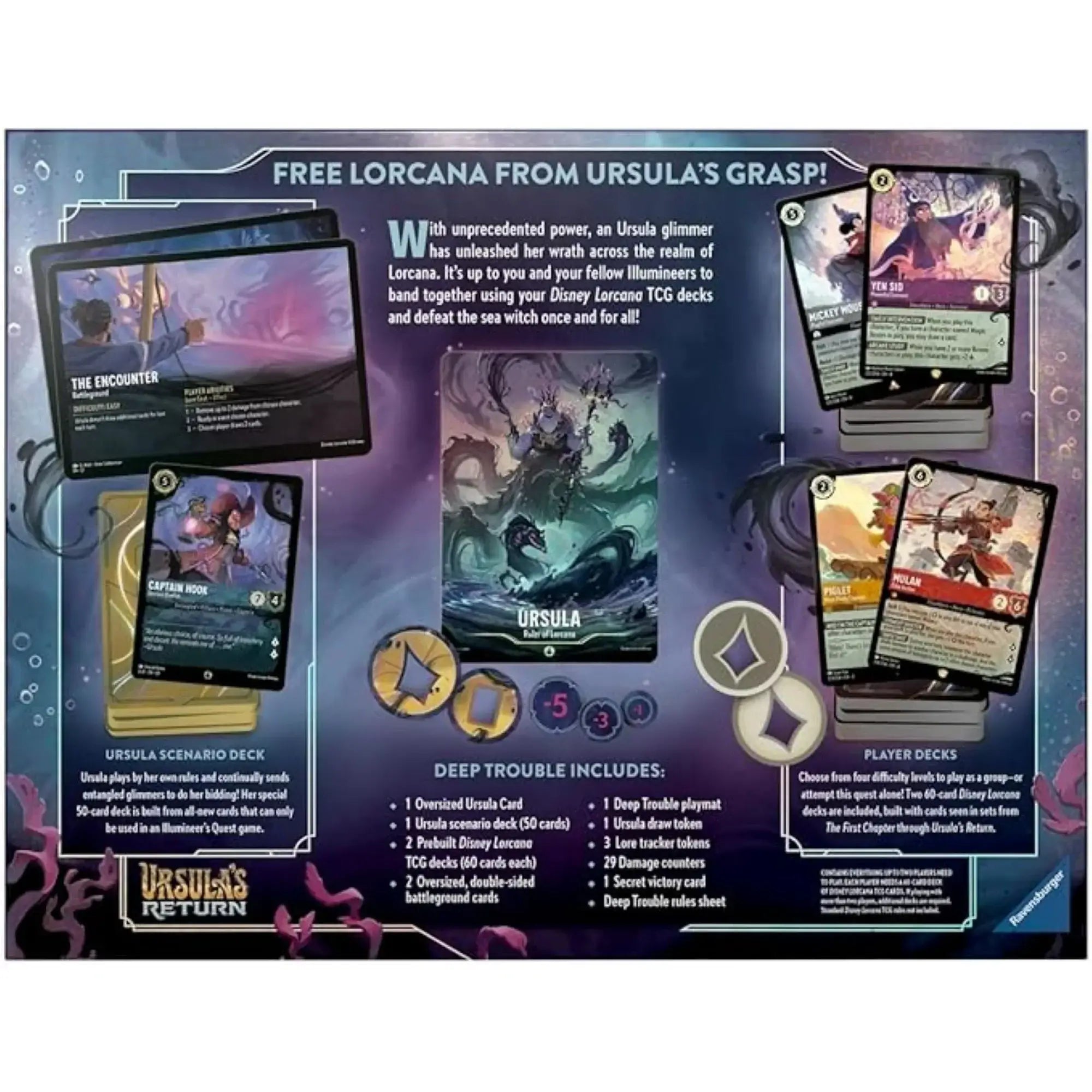 Disney Lorcana TCG: Ursula`s Return - Illumineer`s Quest game components featuring Ursula, cards and scenario details.