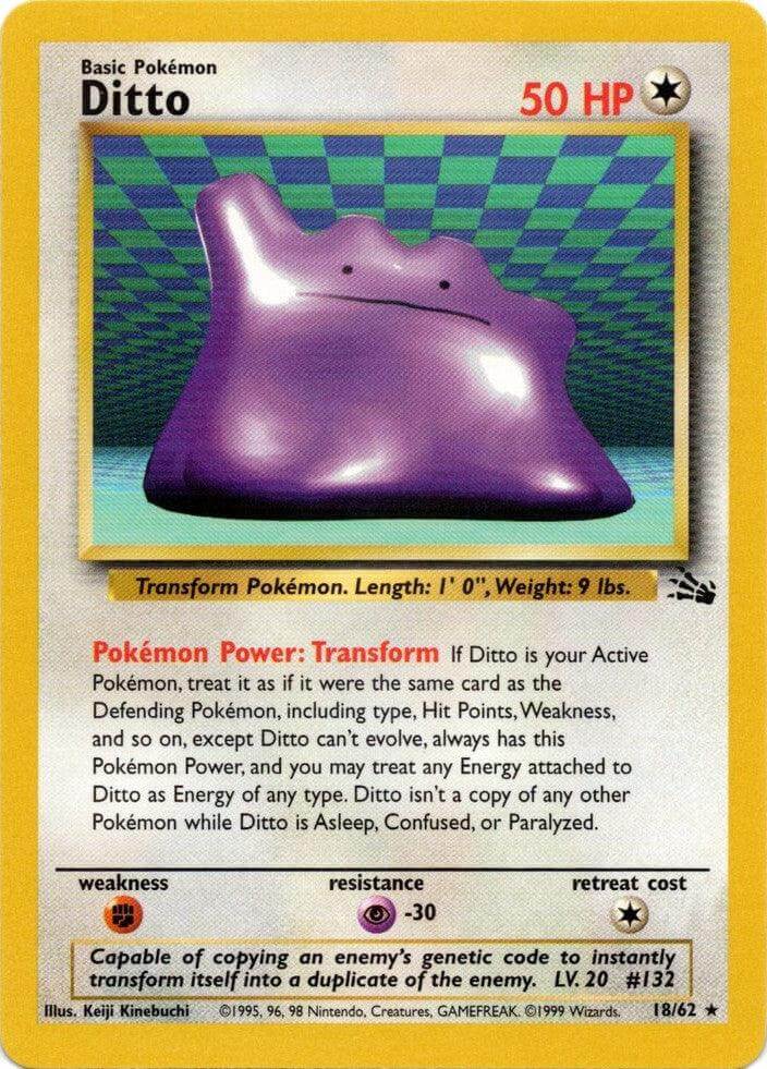 Ditto (18/62) [Fossil Unlimited] collectible Pokémon card featuring transformation details and rarity information.