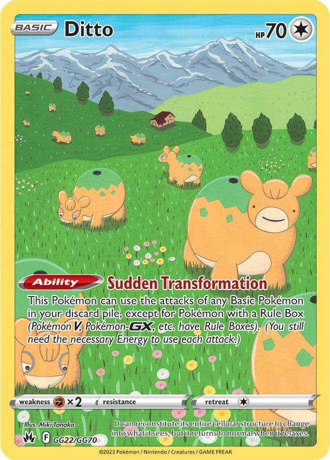 Ditto (GG22/GG70) [Sword & Shield: Crown Zenith] Pokémon card featuring Sudden Transformation ability and colorful background.