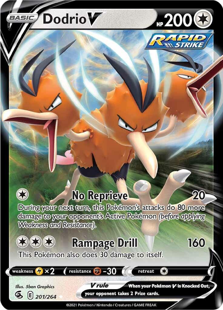 Dodrio V (201/264) [Sword & Shield: Fusion Strike] card showcasing HP, attacks, and abilities.